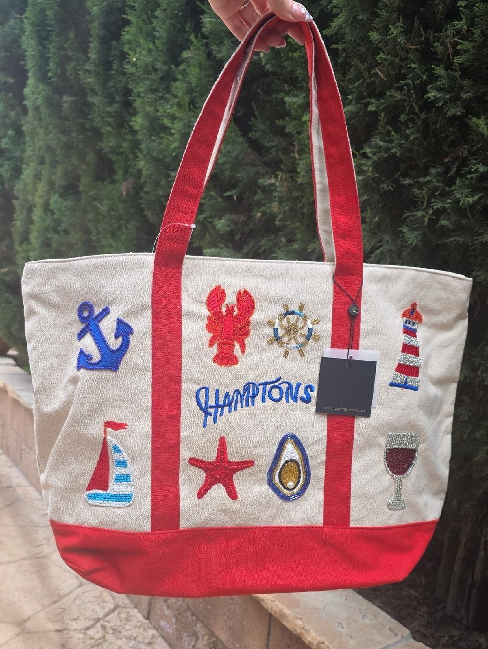 Hamptons Embroidered Beaded Tote Bag - Red & Cream